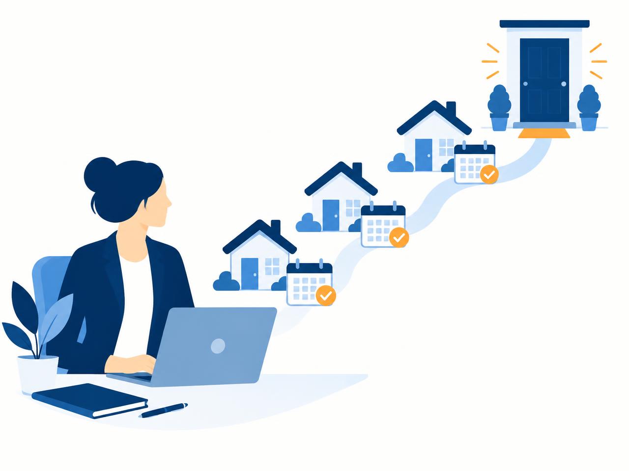 Illustration of an agent at a laptop with a path of homes and booked appointments